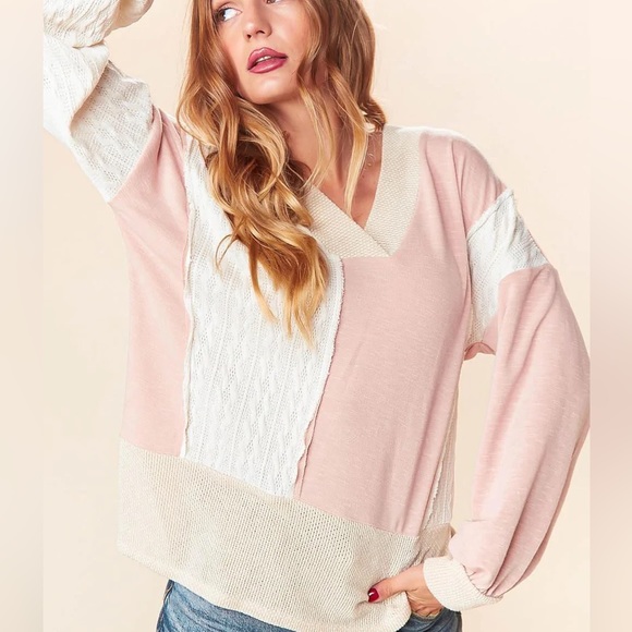 Women’s Pink, Taupe, & Ivory Color Block Cable Knit Patchwork Top, S/M/L - Picture 3 of 8